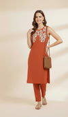 Brown Khadi Cotton Coord Set with White Motif Detailing