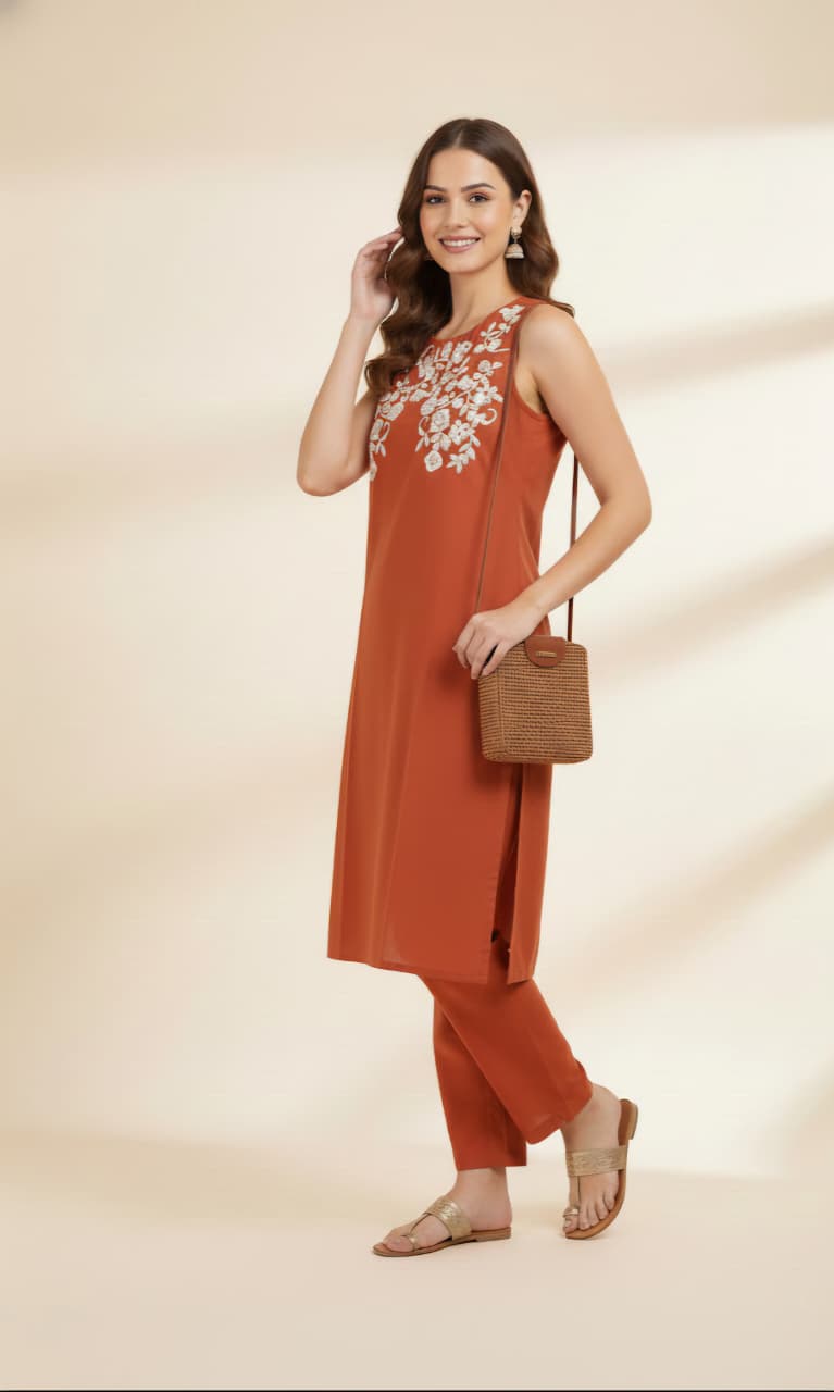 Brown Khadi Cotton Coord Set with White Motif Detailing