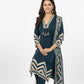 Teal Blue Chevron Print Kurta Set with Tassel Detail