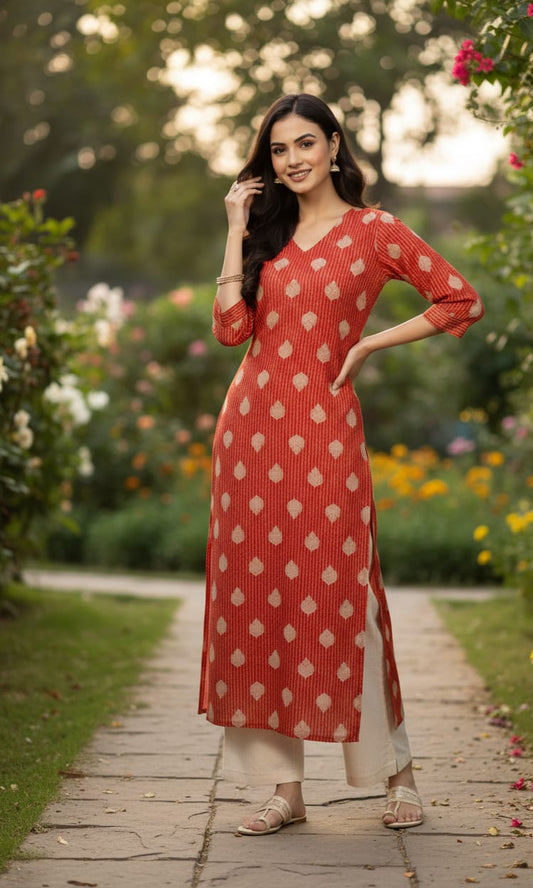 Red and Beige Straight Kurti