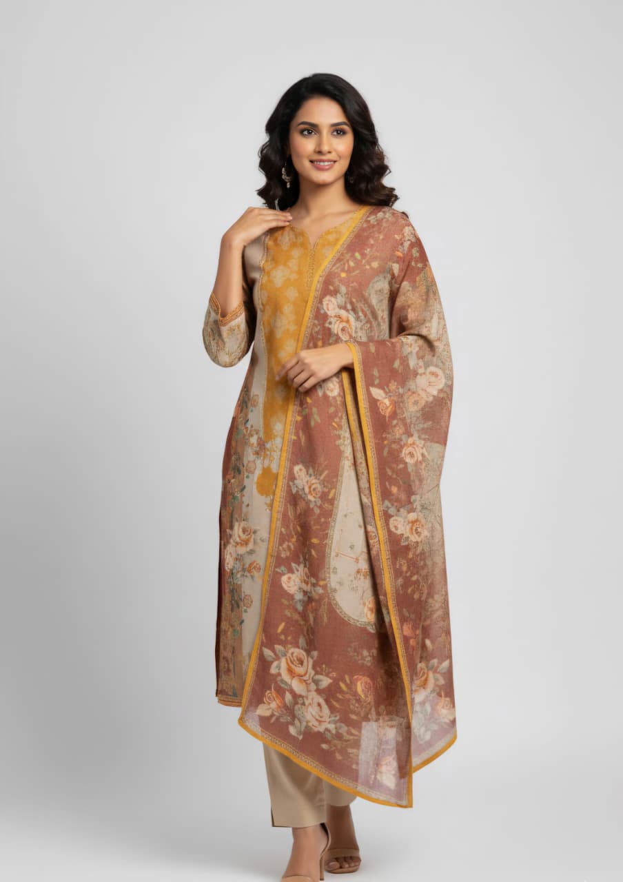 Mustard & Rust Floral Print Kurta Set with Dupatta