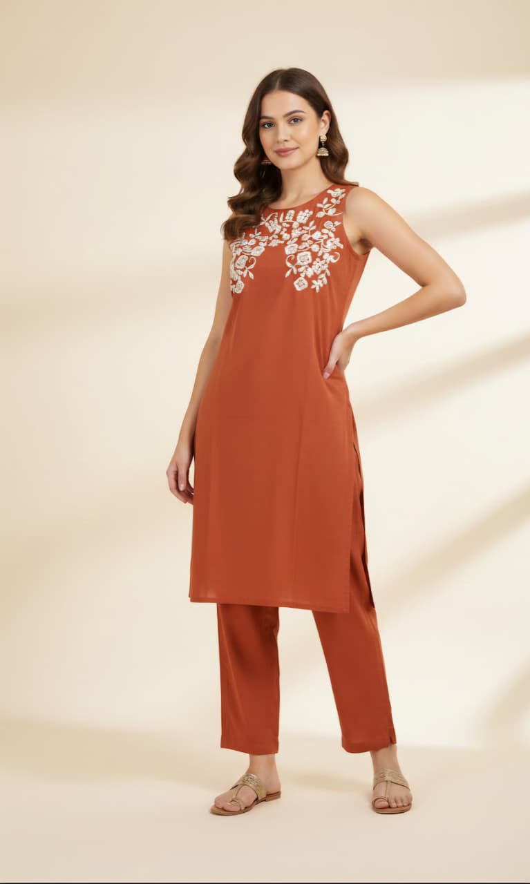 Brown Khadi Cotton Coord Set with White Motif Detailing