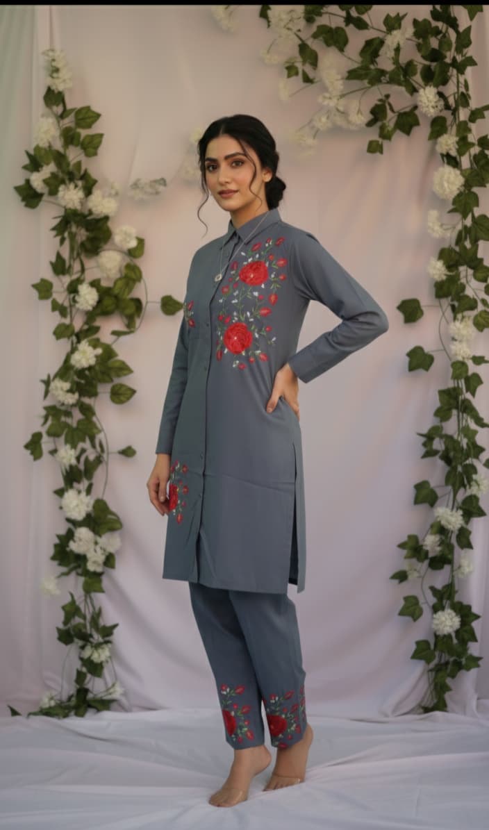 Steel Blue and Crimson Rose Embroidered Co-ord Set