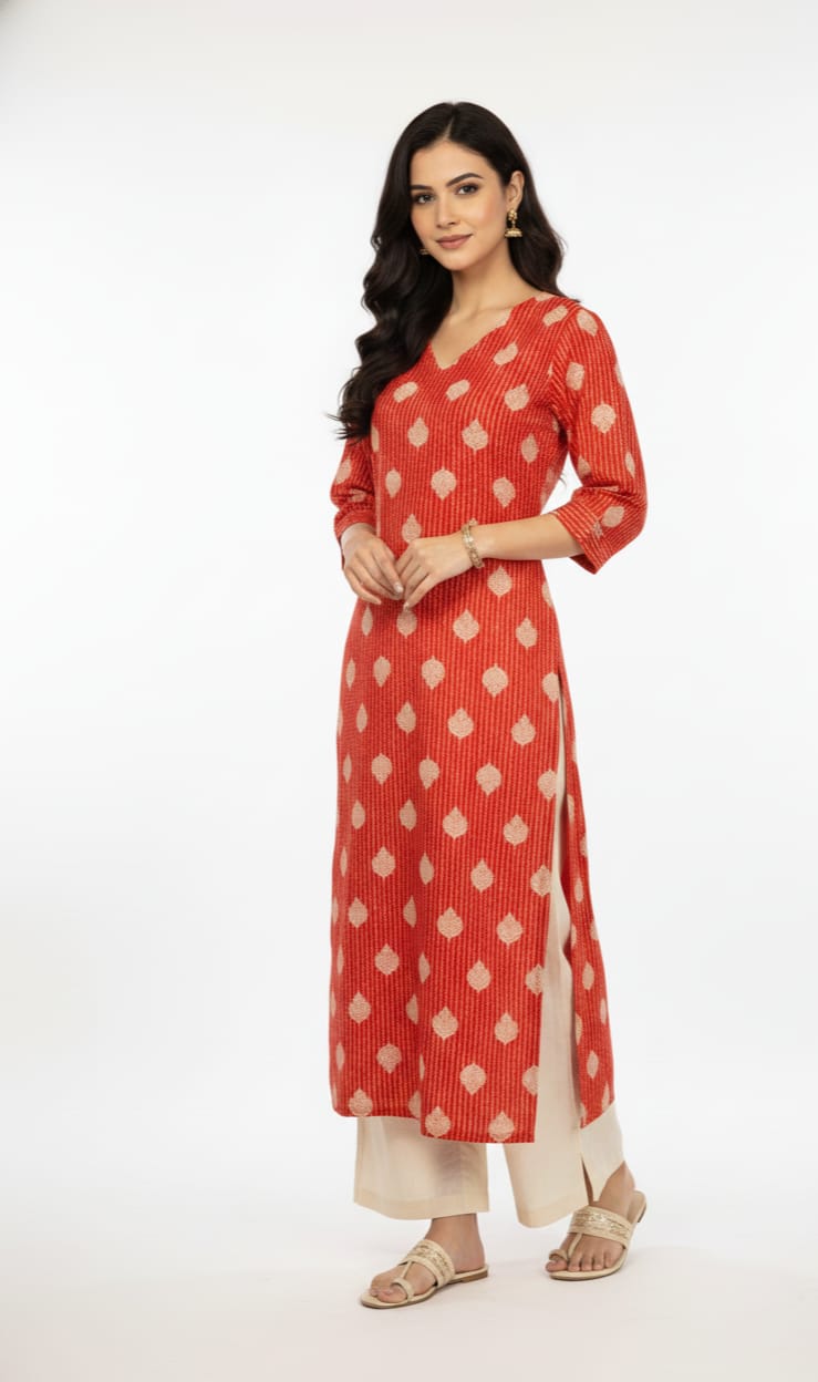Red and Beige Straight Kurti