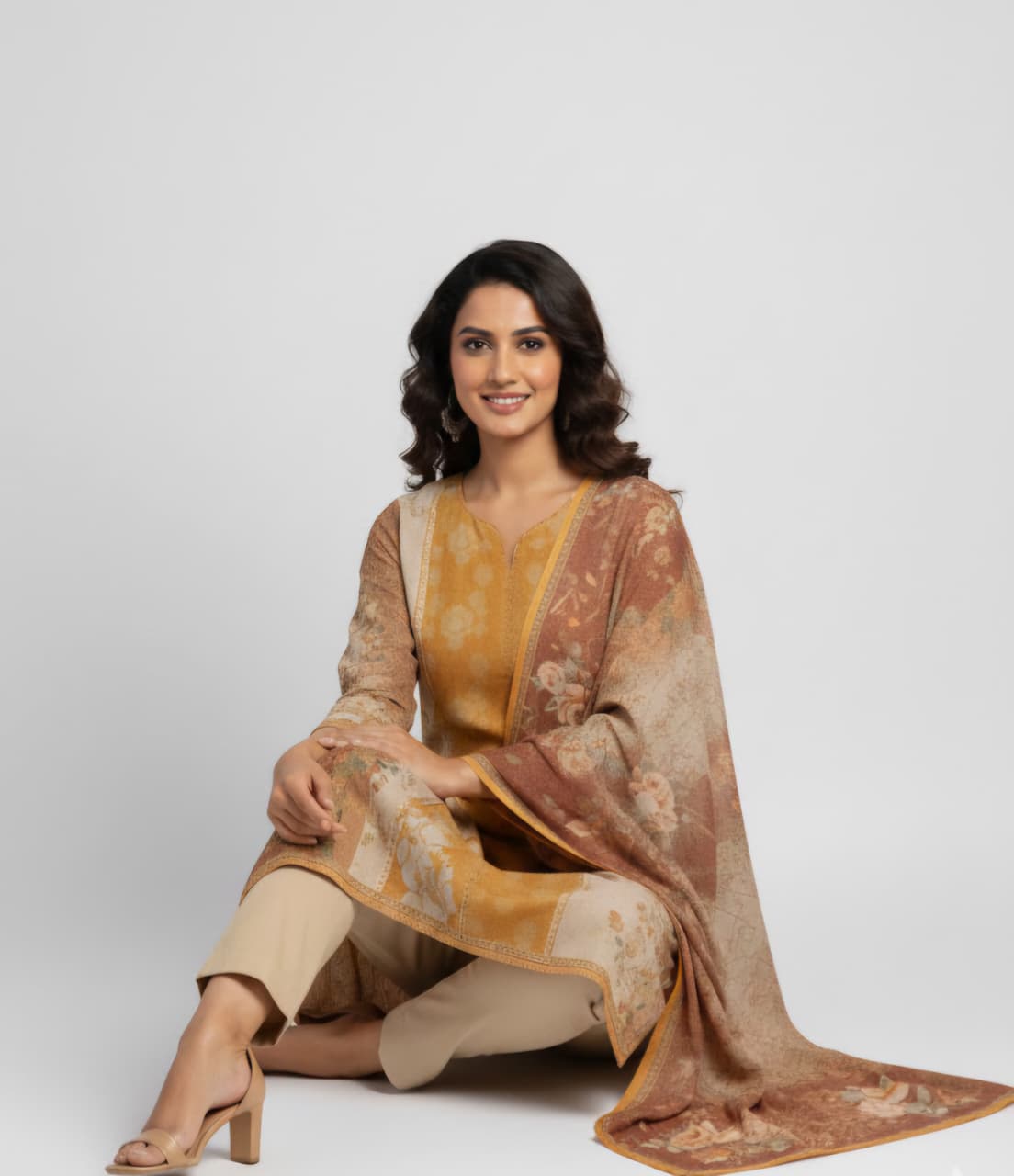 Mustard & Rust Floral Print Kurta Set with Dupatta
