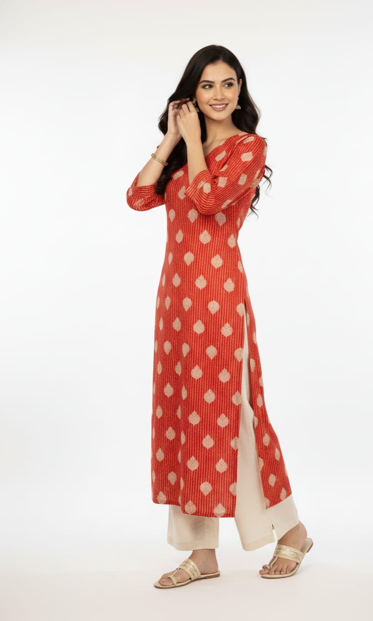 Red and Beige Straight Kurti