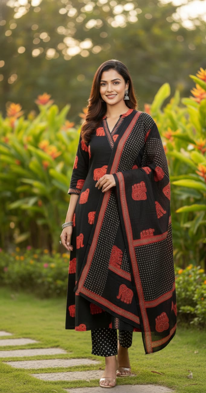 Black & Red Elephant Motif Angrakha Kurta Set