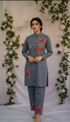 Steel Blue and Crimson Rose Embroidered Co-ord Set