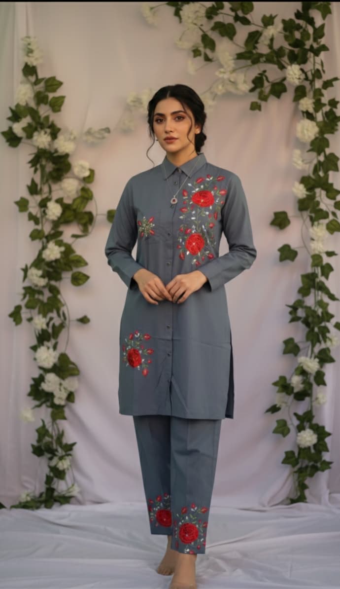 Steel Blue and Crimson Rose Embroidered Co-ord Set