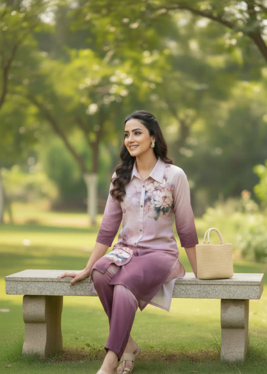 Mauve Lavender Dual-Tone Floral Digital Print Shirt-Style Co-ord Set