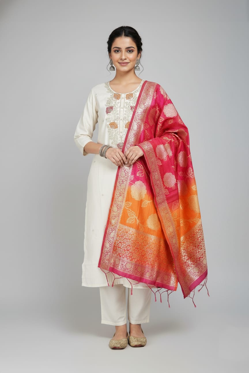 Ivory Roman Silk Suit Set with Banaras dupatta.