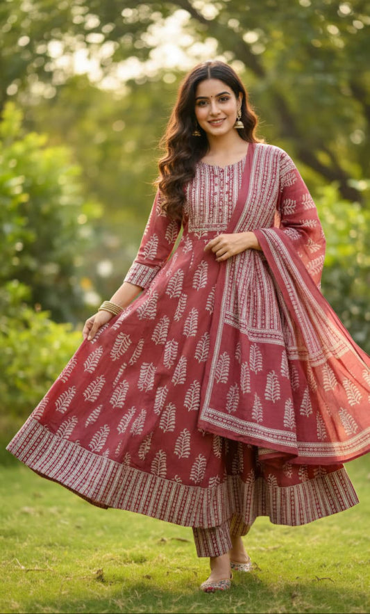 Dusty Rose and White Block Print Anarkali Set