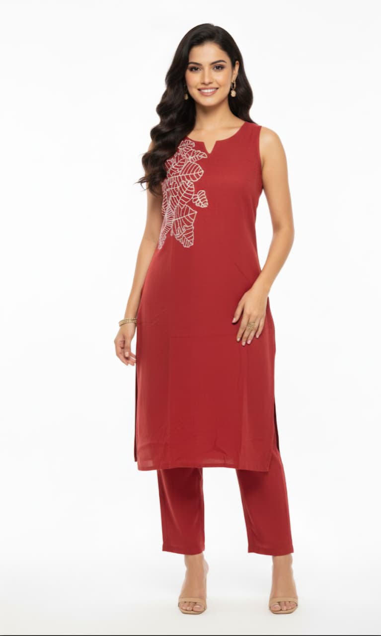 Women's Khadi Cotton Sleeveless Kurta and Pant Set with White Embroidered Yoke