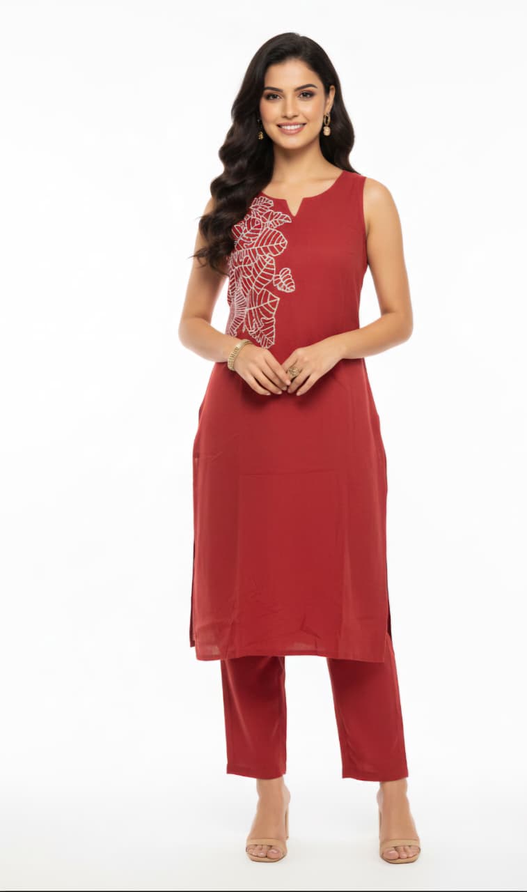 Women's Khadi Cotton Sleeveless Kurta and Pant Set with White Embroidered Yoke