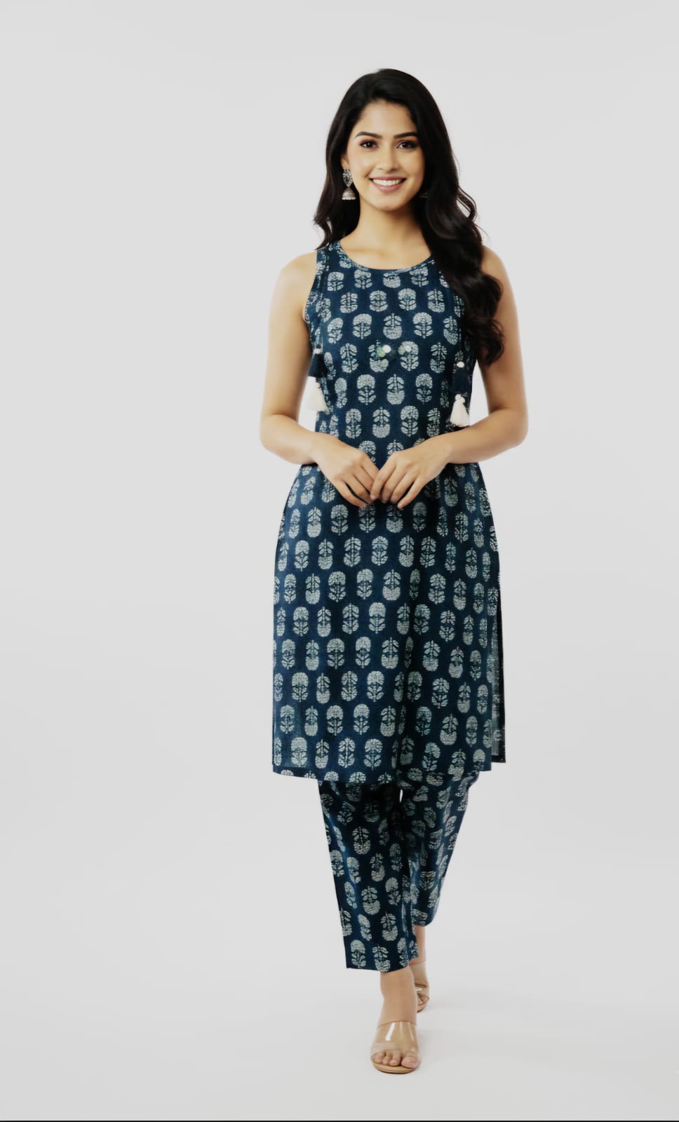 Blue Floral Embroidered Coord Set with attached Sleeves