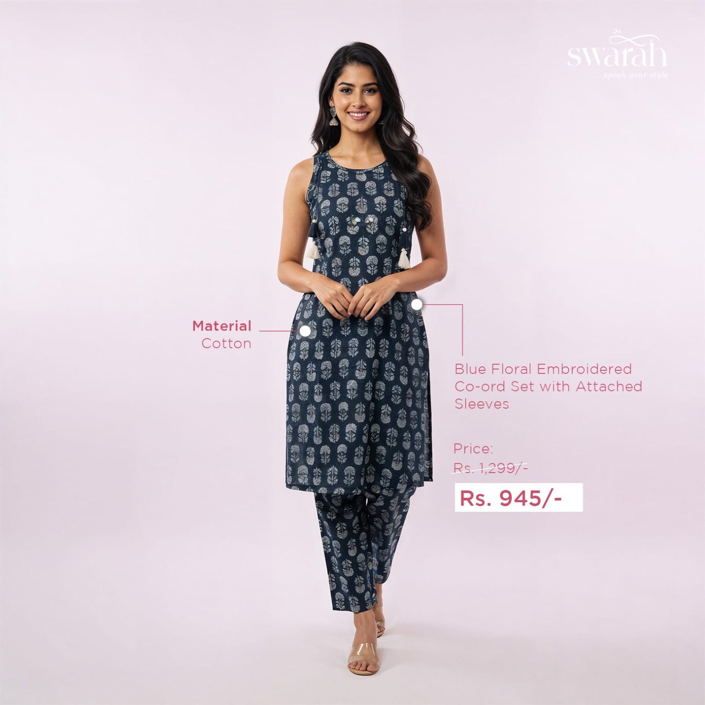 Blue Floral Embroidered Coord Set with attached Sleeves