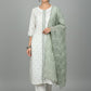 Woman wearing a white kurta with green dupatta on a gray background