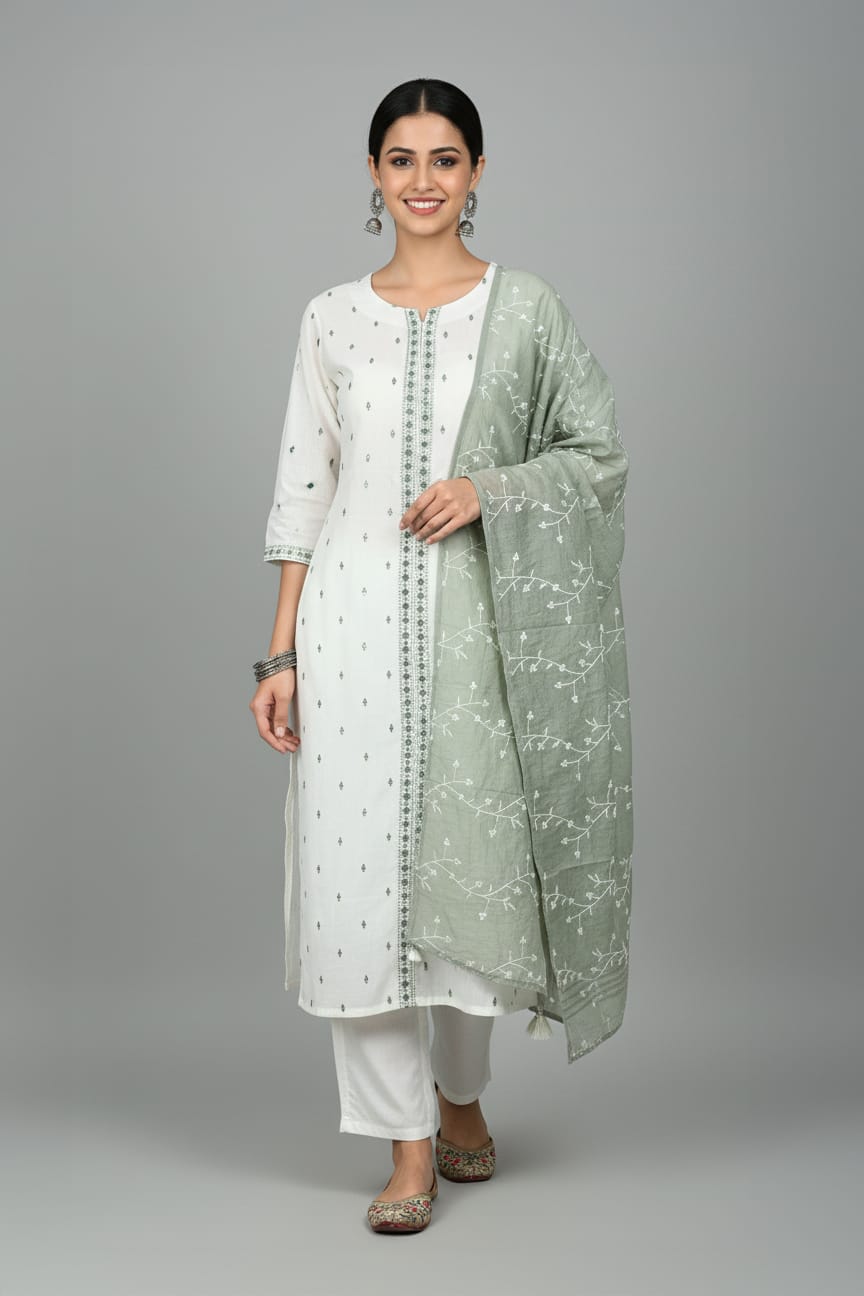 Woman wearing a white kurta with green dupatta on a gray background