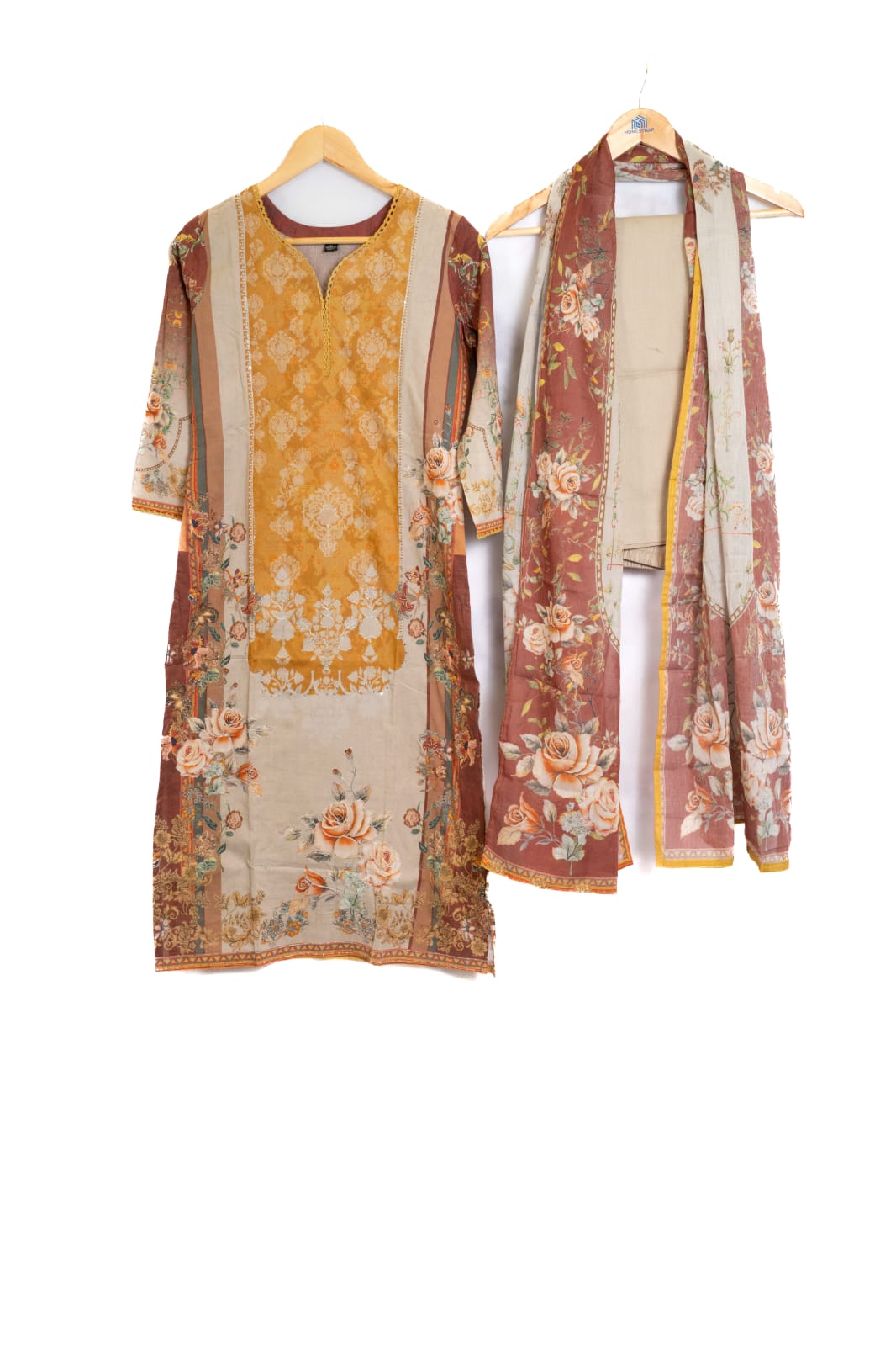Mustard & Rust Floral Print Kurta Set with Dupatta