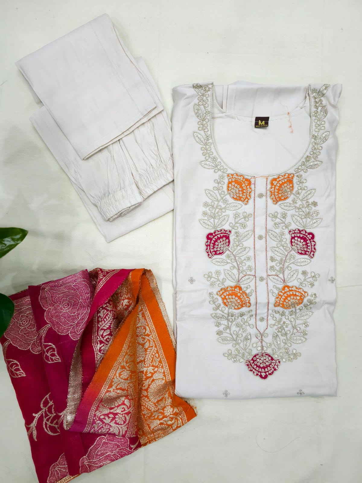 Ivory Roman Silk Suit Set with Banaras dupatta.