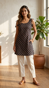 Navy Blue Ajrak Print Cotton Sleeveless Kurti with Attached Sleeves