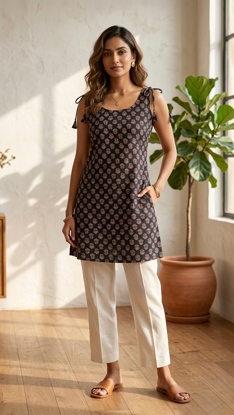 Navy Blue Ajrak Print Cotton Sleeveless Kurti with Attached Sleeves