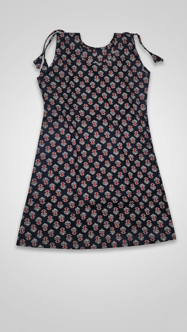 Navy Blue Ajrak Print Cotton Sleeveless Kurti with Attached Sleeves