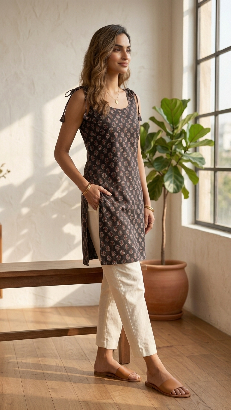 Navy Blue Ajrak Print Cotton Sleeveless Kurti with Attached Sleeves