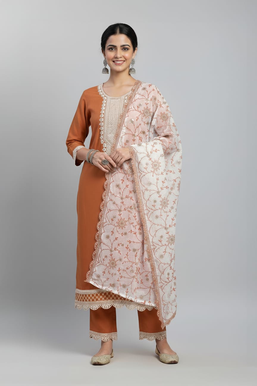 Rust Radiance Roman Silk Suit Set