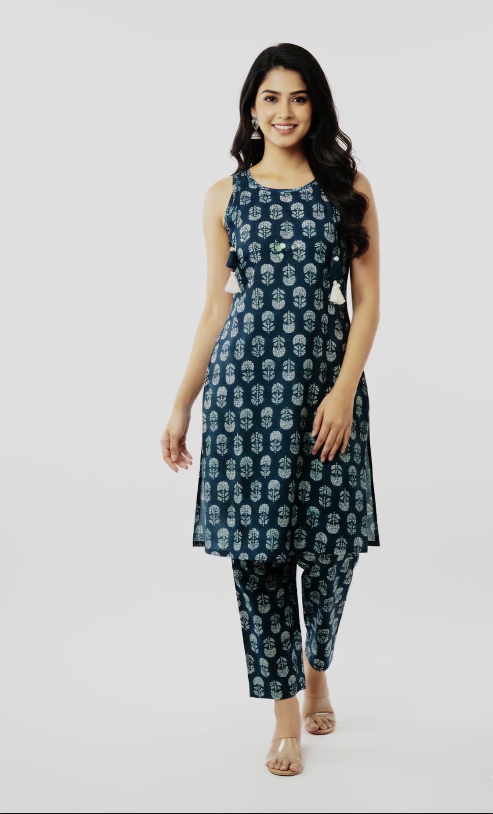 Blue Floral Embroidered Coord Set with attached Sleeves