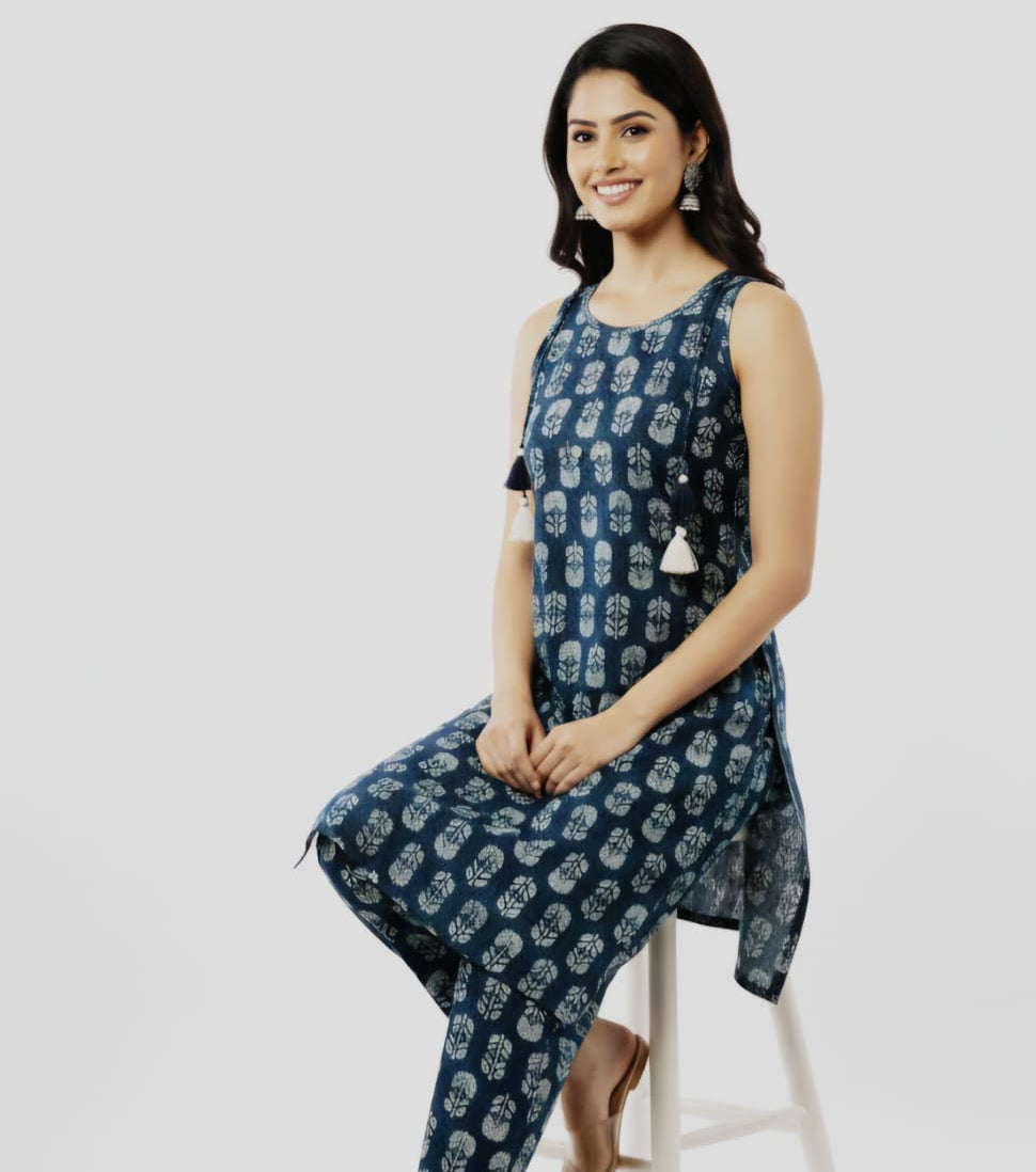 Blue Floral Embroidered Coord Set with attached Sleeves