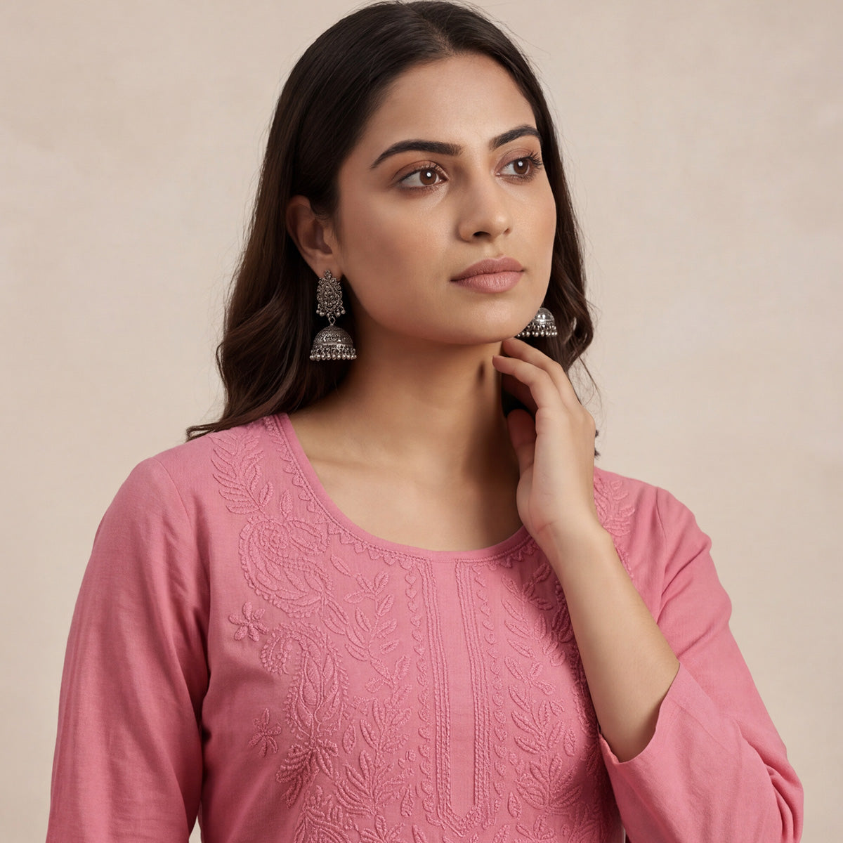 Peach Cotton Chikankari Embroidered Kurti with 3/4th Sleeves