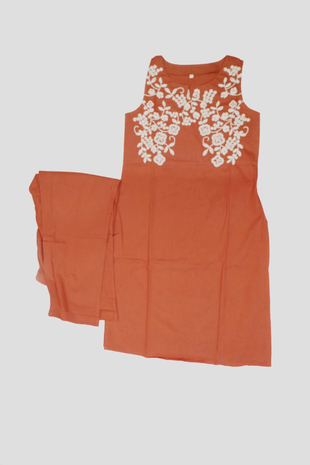 Brown Khadi Cotton Coord Set with White Motif Detailing