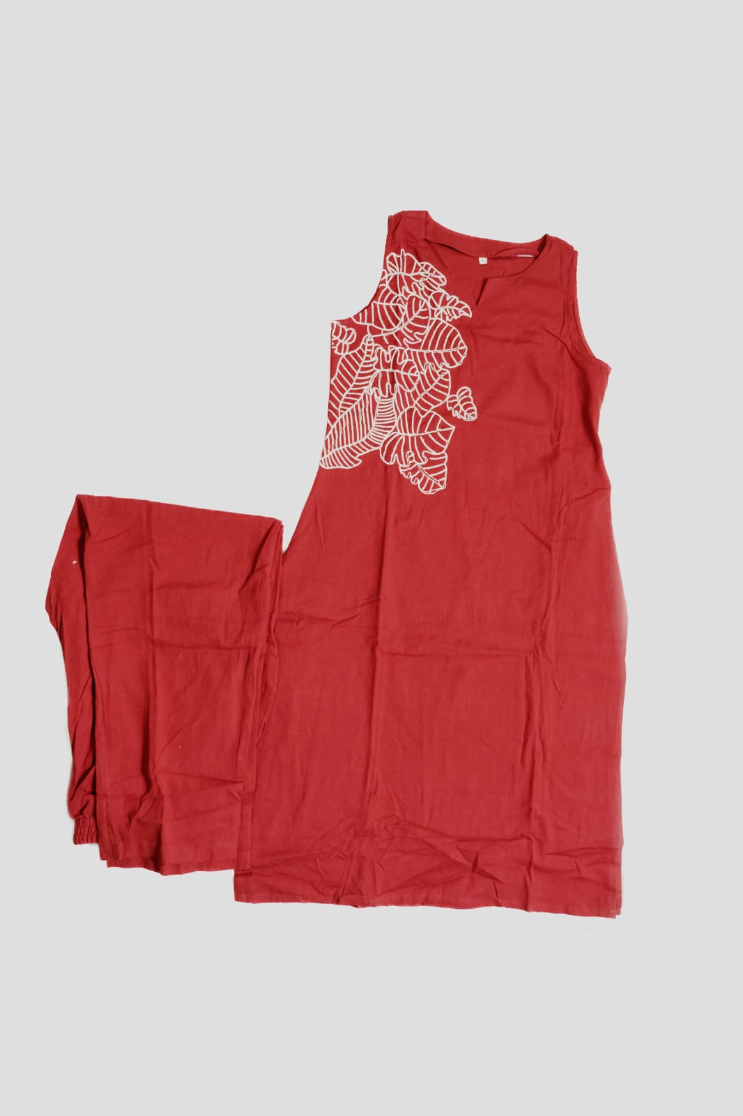 Women's Khadi Cotton Sleeveless Kurta and Pant Set with White Embroidered Yoke