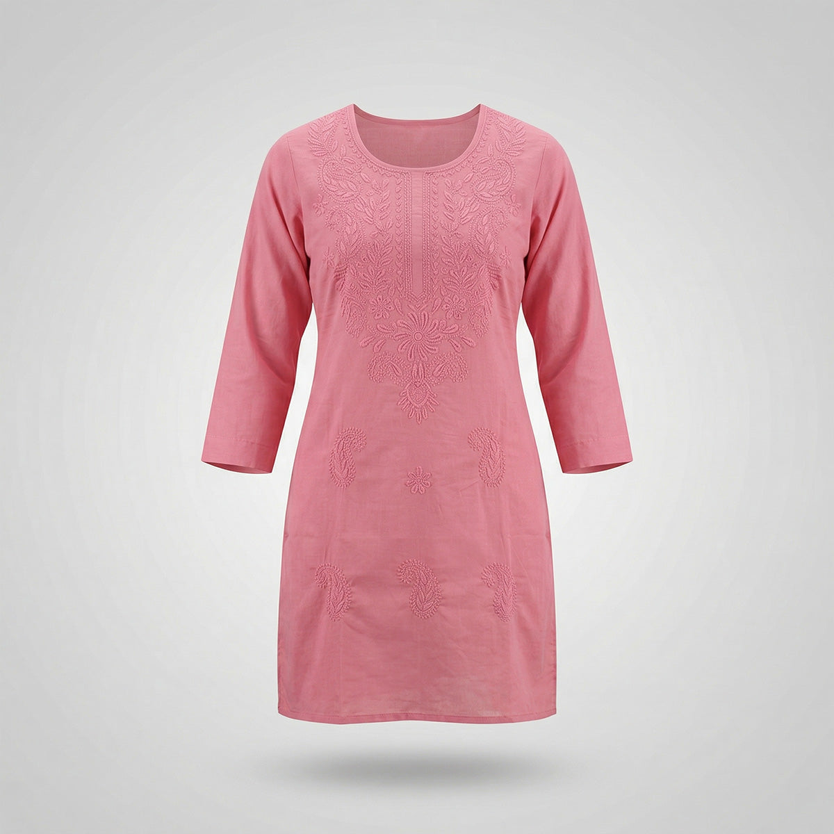 Peach Cotton Chikankari Embroidered Kurti with 3/4th Sleeves