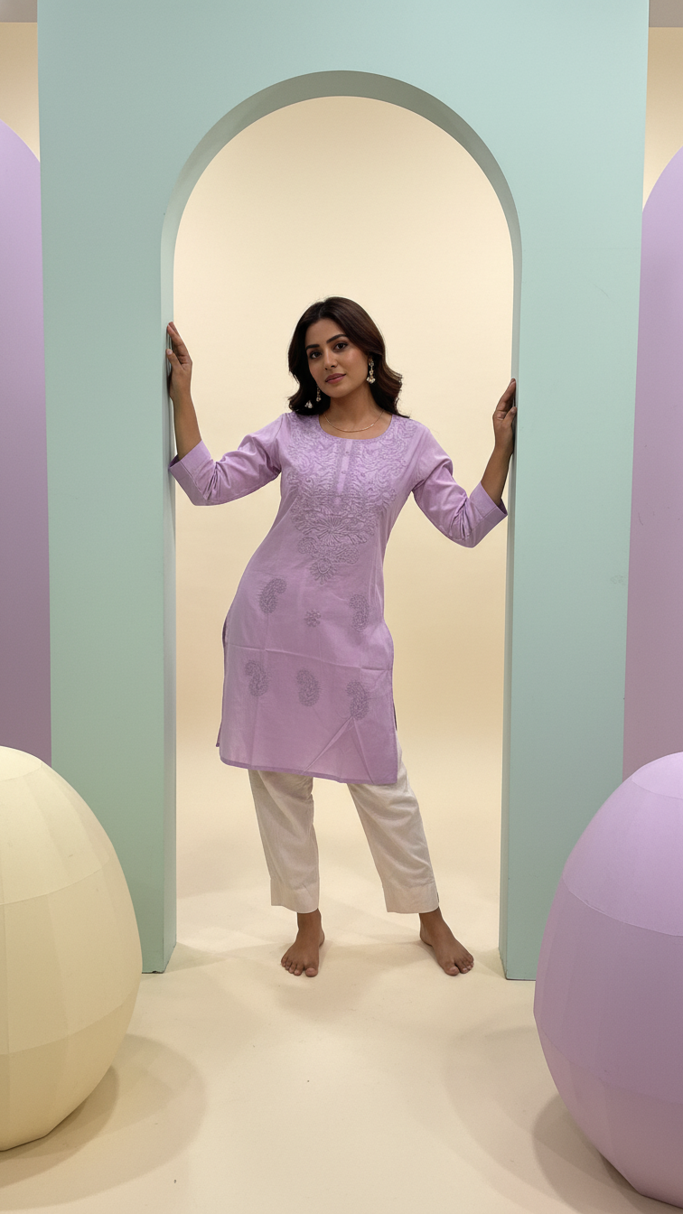 Lavender Cotton Chikankari Embroidered Kurti